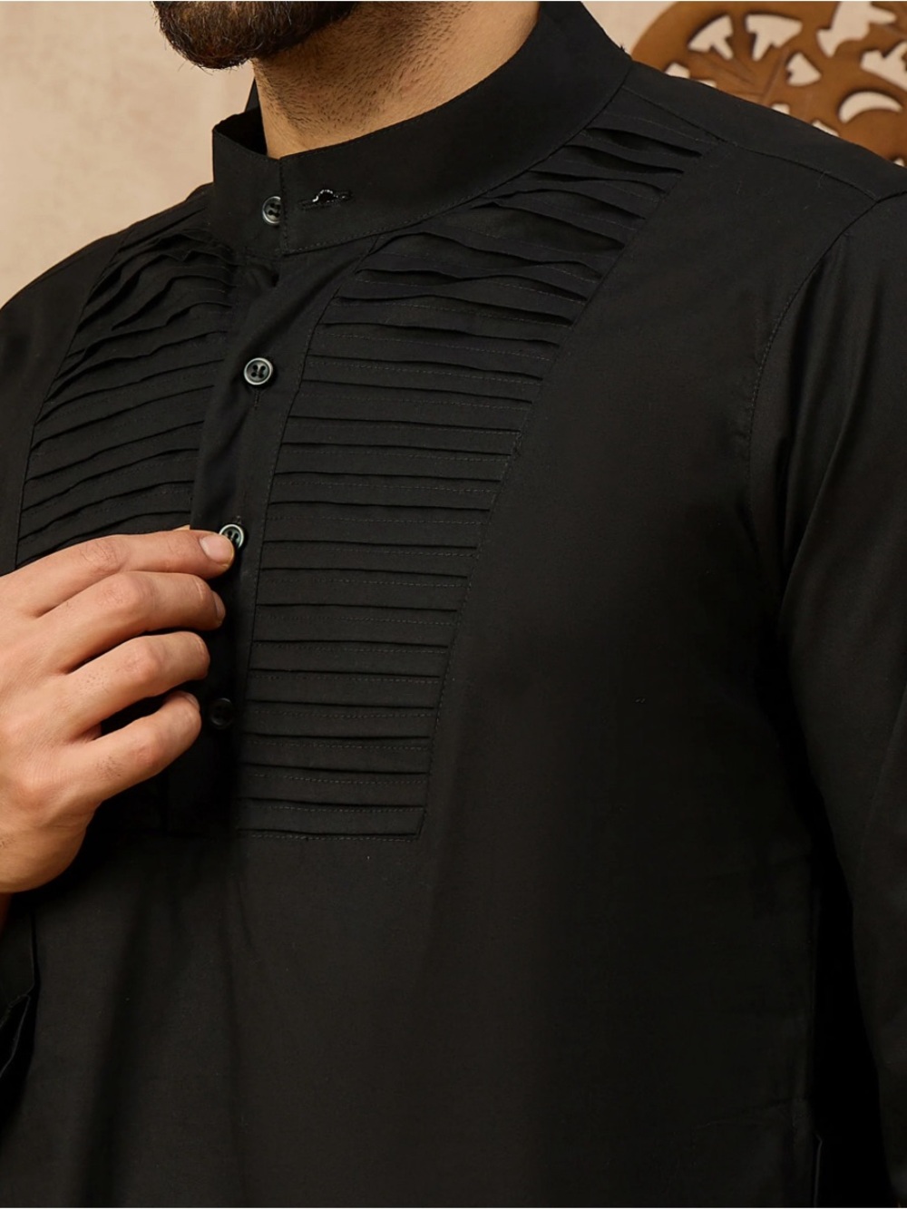 Men's Black Pleated Front Mandarin Collar Shirt